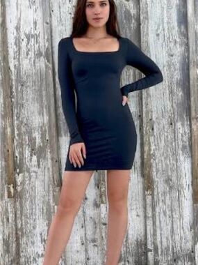 Second Skin Black Long Sleeve Square Neck Mini Dress